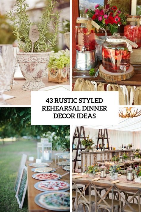 rustic styled rehearsal dinner decor ideas cover Farmhouse Rehearsal Dinner Decor, Rehearsal Dinner Centerpieces Diy, Wedding Rehearsal Dinner Decorations Centerpieces Simple, Backyard Rehearsal Dinner Ideas Decor, Rustic Rehearsal Dinner Decorations, Restaurant Rehearsal Dinner, Rehearsal Dinner Decorations Table, Dinner Decoration Ideas, Dinner Decor Ideas