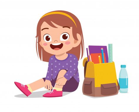 Happy cute little kid girl tie shoe shoe... | Premium Vector #Freepik #vector Verbs For Kids, Jolly Phonics Activities, Reading Comprehension Kindergarten, Kids Cartoon Characters, Bible Quiz, Walking People, School Images, School Cartoon, Flashcards For Kids