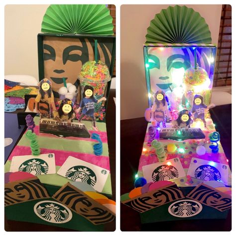 My daughter wanted a Starbucks Fiesta Float for the Fiesta Parade at school! We painted the shoe box green and started from there. Starbucks stores kindly donated items for the float! We added some fiesta decor/colors and laminated mini pictures of her playing different instruments and finally added the lights! Shoebox Parade Float For Kids, Fiesta Float Ideas For School, Kids Parade Floats, Fiesta Float, Mini Pictures, Fiesta Decor, Diy School, Fiesta Decorations, Parade Float