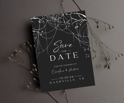 Set the tone for your spooky themed wedding with this elegant spiderweb save the date template! Easily edit the text fields to include your event details, then print or share digitally. WHAT YOU GET:  -1 PDF file with a link to the editable template on Canva.com -Instructions on how to edit and download -Front & back design -Unlimited access to your template HOW TO USE IT:  -Your PDF file containing the link will be immediately available when you place your order. -Download the PDF file and click the link provided to be taken to the template on Canva.com.  -Canva is a free design website, and you will need to create an account to be able to edit this template.  -Once you have completed your edits, you can order your invitations directly from canva.com, or download the file to print elsewhe Gothic Save The Date, Moody Wedding Invitations, Gothic Wedding Invitations, Digital Save The Date, Halloween Themed Wedding, Elegant Halloween, Winter Wedding Invitations, Save The Date Template, Dark And Moody