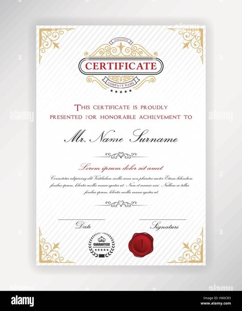 Certificate template design with emblem, flourish border on white Sample Certificate Of Recognition, Certificate Of Recognition Template, Flourish Border, Certificate Format, Academic Achievement, Standard Paper Size, Borders And Frames, Invoice Template, Certificate Templates