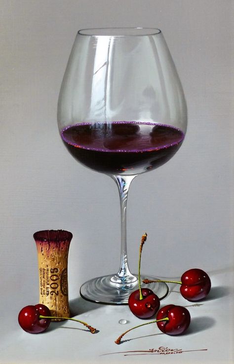 Cherries Painting, Paint And Drink, Still Life Artists, Cherry Wine, Wine Glass Art, Amazing Paintings, Wine Art, Fruit Painting, Still Life Art