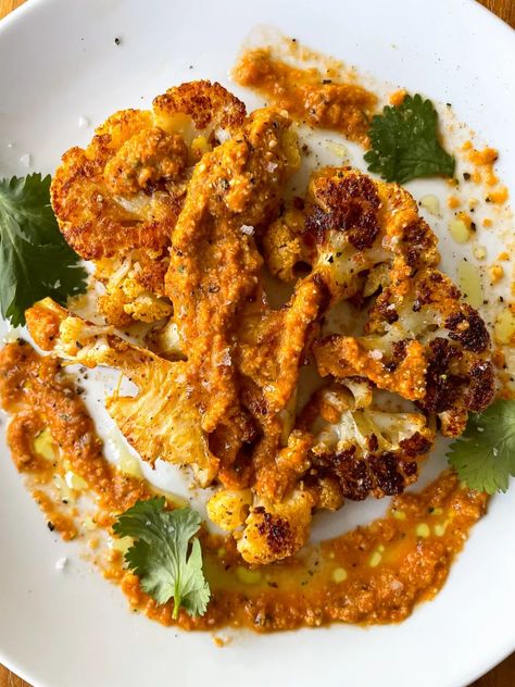 Cauliflower Steak with Romesco Sauce - from a small kitchen Cauliflower Steak, Romesco Sauce, Sauteed Shrimp, Cauliflower Steaks, Steak Sauce, Dessert Salads, Steak Dinner, Vegetarian Dinner, Roasted Veggies