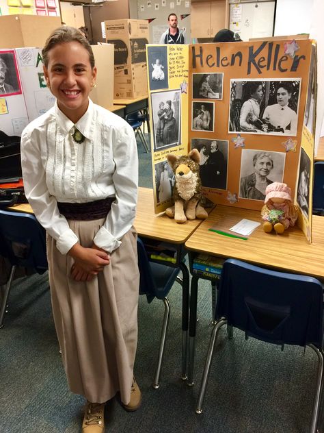 Class Museum Display, Helen Keller Biography Project, Helen Keller Poster Board Project, Living Museum Project For Kids, Helen Keller Costume, Wax Museum Poster Board Ideas, Living History Museum Project, Kids Old Man Costume, Living Wax Museum