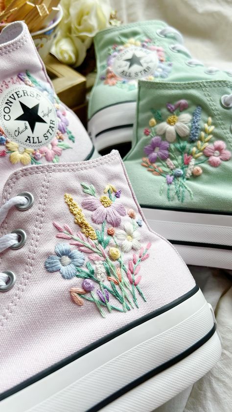 Katie (@knittyknotts) on Threads Pink Embroidered Converse, Converse Embroidery Floral, High-top Floral Embroidery Sneakers For Summer, Spring Floral Embroidery Converse Sneakers, Embroydered Chuck Converse, Aesthetic Converse, Cute Converse Shoes, Bordados Tambour, Embroidered Converse