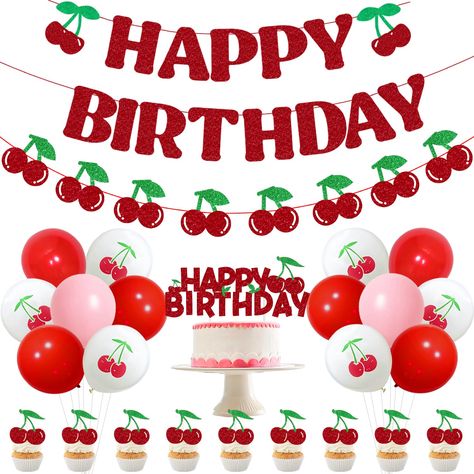 PRICES MAY VARY. Cherry Theme Set: 1*cherry theme happy birthday banner(15pcs/89.9inch), 1*cherry theme banner(8pcs/42.9inch), 1*cake topper(2.9inch), 12*cupcake toppers, 18*latex balloons(12inch) and additional assembly tools. Celebrate with Vibrant Color: Our vibrant red latex balloon arch kit will bring a riot of color to your cherry themed birthday party. High quality latex balloons are sure to impress your guests and create a fun atmosphere. Chic Design: Our banners and cupcake toppers are Cherry Bid Day Theme, Cherry Party Decorations, Cherry Themed Party, Cherry Birthday Party Theme, Birthday Party Decorations Red, Cherry Birthday Party, Red Party Themes, Birthday Banner Cake Topper, Cherry Birthday