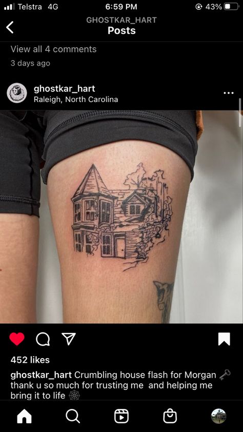 Haunted House Picket Fence Tattoo, Haunted House Tattoo Simple, Small Haunted House Tattoo, Haunted House With A Picket Fence Tattoo, Picket Fence Tattoo, Fence Tattoo, Haunted House Tattoo, Tattoo Dream, House Tattoo