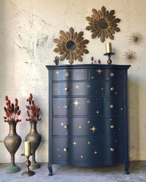 Witchcraft Furniture, Furniture With Stars, Celestial Furniture Diy, Bookcase Renovation, Drawer Renovation, Space Themed Dresser, Celestial Furniture, Whimsigoth Bedroom Blue, Celestial Blue Bedroom