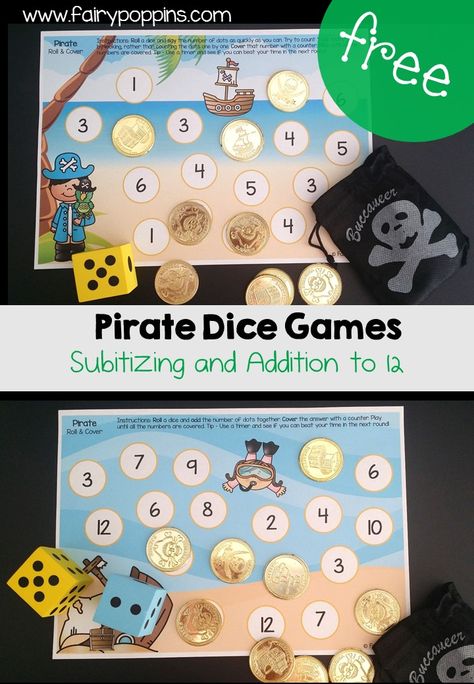 Pirate Dice Activities | Fairy Poppins Pirate And Mermaid Theme Preschool, Pirate Activities Preschool, Preschool Pirates, Dice Activities, Fairy Poppins, Pirate Maths, Pirate Preschool, Subitizing Activities, Pirate Week