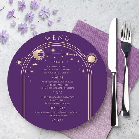 Mystical Purple Gold Sun Moon Stars Space Wedding Menu Cards features a gold sun, moon and stars frame on a purple background with your menu details in the center in modern gold calligraphy script. Personalize by editing the text in the text boxes provided. Designed for you by Evco Studio © at www.zazzle.com/store/evcostudio Sun And Moon Theme Party, Stars And Moon Wedding Theme, Sun And Moon Wedding Theme, Sun And Moon Wedding, Astronomy Wedding Theme, Space Themed Wedding, Moon Wedding Theme, Starlight Wedding, Celestial Wedding Invitations