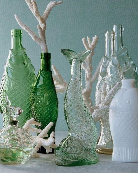 Fish glass bottles Fish Plates, Martha Stewart Home, Sea Colour, Beachy Decor, Fish Plate, Ocean Colors, Vintage Bottles, Glass Fish, Fish Shapes