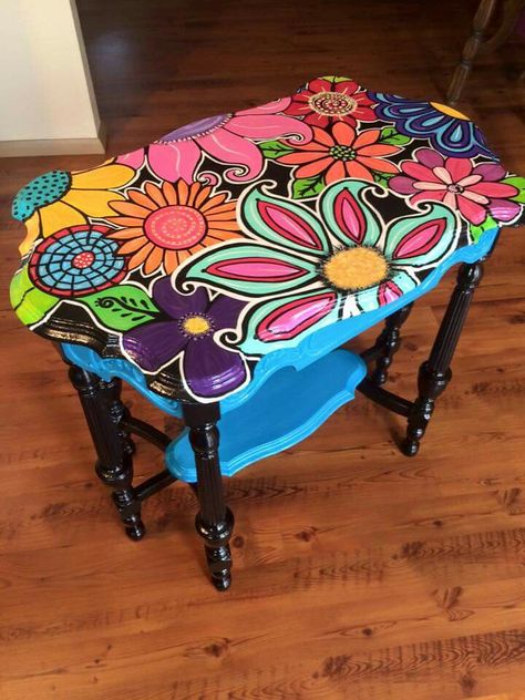 Hippy Painted Furniture, Fun Painted Chairs, Bohemian Painted Furniture, Round Table Painting Ideas Colorful, Hand Painted Chairs Funky Furniture, Funky Painted Chairs, Table Painting Ideas Colorful, Funky Painted Furniture Bright Colors, Funky Painted Furniture Bohemian