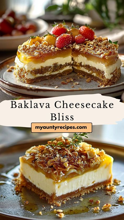 Experience the ultimate dessert fusion with Baklava Cheesecake Delight. This recipe combines the rich creaminess of cheesecake with the nutty, honey-infused layers of baklava, creating a mouthwatering treat that will satisfy any sweet tooth. Perfect for special occasions! Simple Fancy Desserts, Egyptian Baklava, Dubai Recipes, Baklava Cookies Recipe, Belgian Desserts, Baklava Cheesecake Recipe, Unusual Desserts, Weird Desserts, Lebanese Desserts Recipes