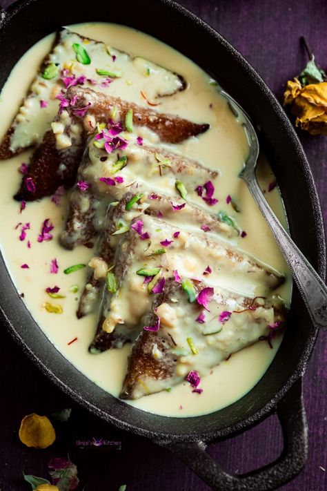 Shahi Tukda Recipe - Binjal's VEG Kitchen Shahi Tukra, Shahi Tukda Recipe, Traditional Bread Pudding, Bread Pudding Dessert, Shahi Tukda, Hyderabadi Cuisine, Fresh Bread Crumbs, Iftar Recipes, Egyptian Food