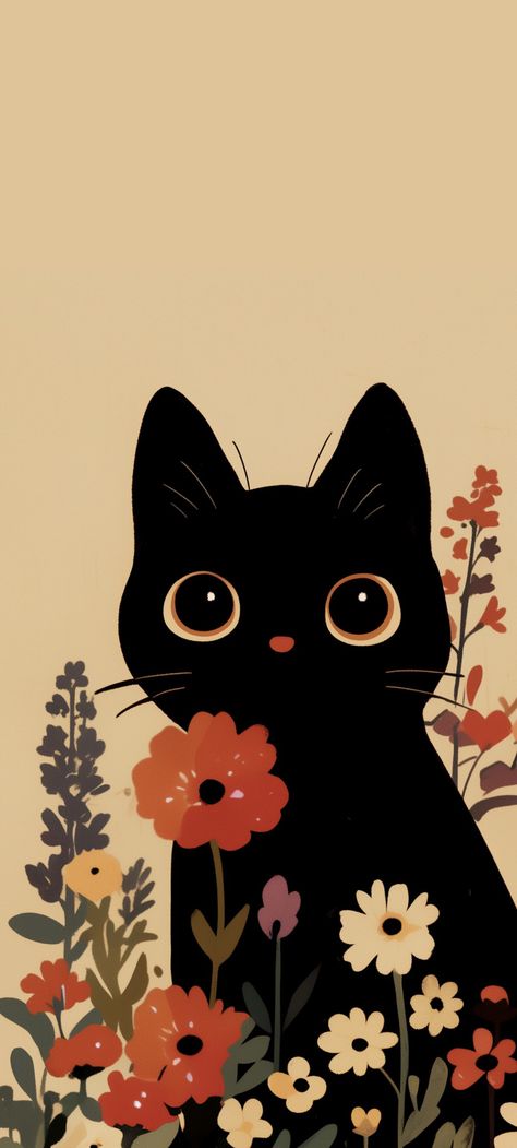 Black Cat In Flowers, Habit Calendar, Wallpaper With Black, Cat In Flowers, Digital Quotes, Daisy Purple, Cat Phone Wallpaper, Cute Patterns Wallpaper, Illustration Digital