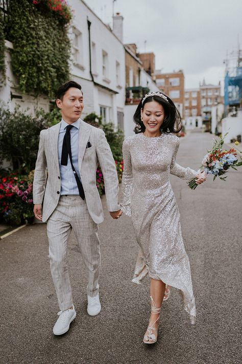 Intimate Wedding Dress Simple, Silver Sequin Wedding Dress, Sequined Wedding Dress, High Low Hem Wedding Dress, Disco Wedding Dress, Sequin Wedding Dresses, London Dinner, Sequin Wedding Dress, Sleeved Wedding Dress