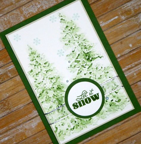 Painted Trees card Painted Trees, Bear Card, Stampin Up Christmas Cards, Christmas Tree Cards, Circle Punch, Tree Cards, Stampin Up Christmas, Green Cards, Christmas Cards To Make