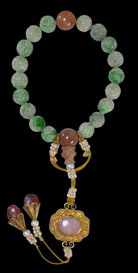 Chinese Eighteen-Bead Rosary-Bracelet of Carved Jade, Pearls, Tourmaline & Gilded Silver in Original Box - Michael Backman Ltd Jadeite Jewelry, Chinese Bracelet, Bead Rosary, Chinese Jewelry, Historical Jewellery, Carved Jade, Rosary Bracelet, Jewelry Accessories Ideas, Ancient Jewelry