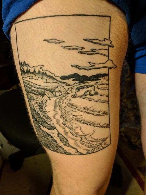 Northern California Tattoo, Coastal Tattoos, Cliffs Tattoo, Skin Illustration, River Tattoo, California Tattoo, Central Coast California, Ocean Tattoos, R Tattoo