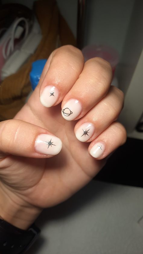 Simple nails, milky white nails Small nails Stars Planet <3 Nails Milky White, Nails Stars, Nails Milky, Milky White Nails, Planet Nails, Small Nails, Space Nails, Gray Nails, White Nail Designs