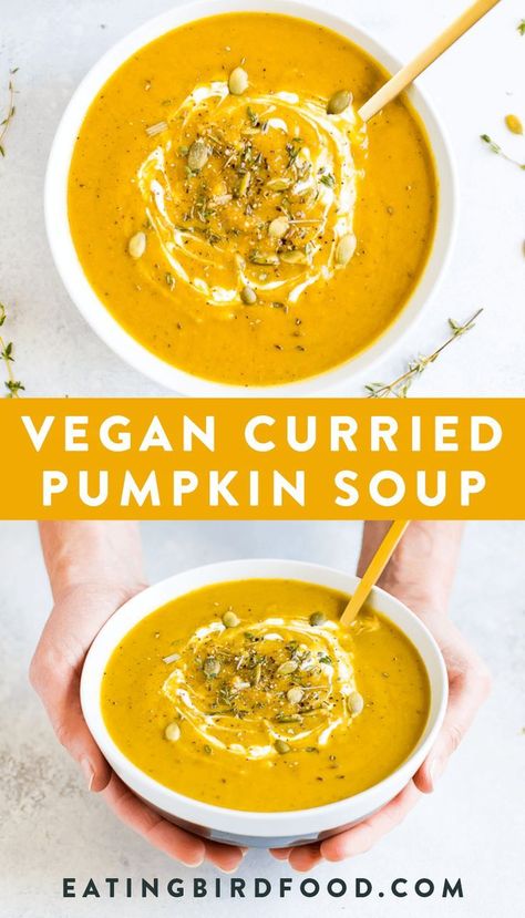 Comforting and filling vegan curried pumpkin soup made with coconut milk and cannellini beans. The beans give this pumpkin soup a nice, thick texture and add a little protein! You can make the soup in your slow cooker or on the stovetop! #vegan #pumpkin #curry #soup #eatingbirdfood Vegan Pumpkin Soup Recipe, Pumpkin Curry Soup, Postpartum Recipes, Curried Pumpkin, Curry Pumpkin, Thai Pumpkin Soup, Vegan Pumpkin Soup, Pumpkin Coconut, Coconut Milk Soup