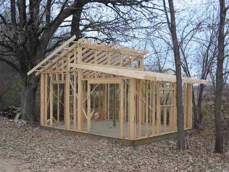 Sean did an amazing job of documenting his building process - and that will help us greatly as we modify it to fit our design. Shed Roof Design, Small Shed Plans, Cool Sheds, Backyard Storage Sheds, Wood Shed Plans, Shed Ideas, Free Shed Plans, Backyard Storage, Shed Building Plans