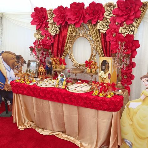 Burgundy Quinceanera Theme, Beauty And The Beast Table, Belle Birthday Party, Beauty And Beast Birthday, Beauty And The Beast Theme, Princess Birthday Party Decorations, Belle Birthday, The Beauty And The Beast, Beauty And The Beast Party