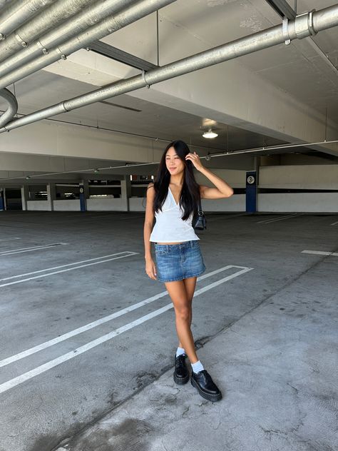 ashley trinh, instagram inspo, instagram idea, photo inspo, photo idea, picture inspo, picture idea, asian, natural look, makeup no makeup look, hair inspo, beauty, outfit inspo, outfit idea, brandy melville, denim mini skirt, parking garage picture, style inspo Mini Denim Skirt Outfit, Makeup No Makeup Look, Natural Look Makeup, Denim Mini Skirt Outfit, No Makeup Look, Garage Pictures, Dark Denim Skirt, Insta Poses, Idea Photo