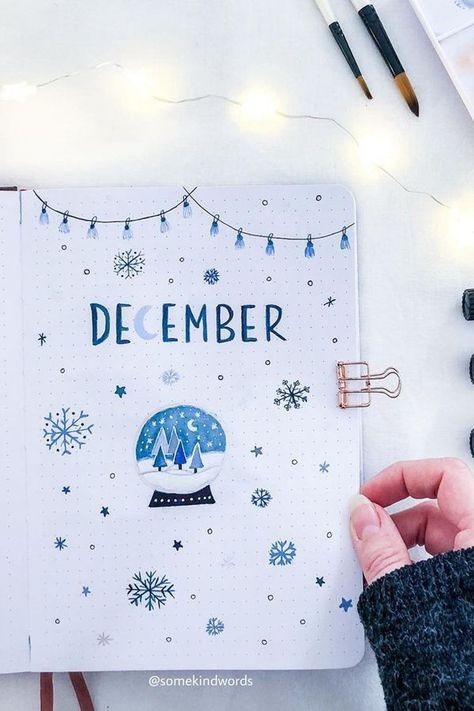 December Aesthetic Journal, Winter Bullet Journal Theme, Blue Bullet Journal Theme, Journalling Idea, Advent Journal, Winter Bullet Journal, December Bullet Journal Ideas, December Cover Page, Bullet Journal Cover Page Ideas