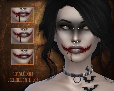 For all of you that have missed the simblreen weekend:This gift is a set of the following items: - eyeliner (4 swatches) - blood tears (3 swatches) - bat tattoos (3 swatches) - spider eyes (17... Sims 4 Cc Halloween, Bat Tattoos, Blood Tears, Dark Circles Makeup, Sims 4 Tattoos, Sims 4 Cc Eyes, Makeup Cc, The Sims 4 Pc, Sims 4 Cc Makeup