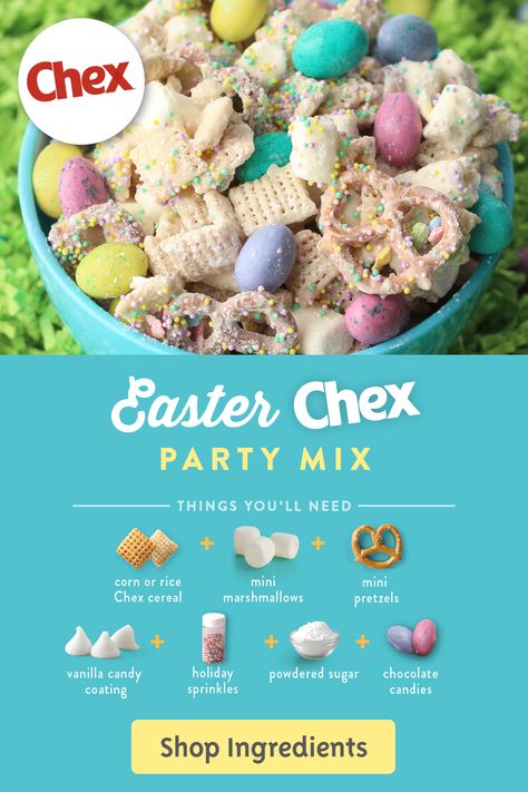 Another holiday, another party mix! Our Easter Chex™ Party Mix is a perfect springtime recipe for your Easter brunch -- or just to have around the house throughout the season. With Chex™ cereal, marshmallows, pretzel twists and more, everyone loves this sweet mix. Shop the ingredients now! Easter Munchies, Easter Dessert For A Crowd, Easter Mix Snack, Easter Chex Mix Recipes, Easter Trail Mix Recipes, Easter Snacks For Party, Easter Treats For Kids, Easter Brunch Ideas, Easter Puppy Chow