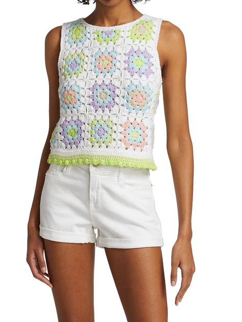 Crochet Shell Top, Crochet Flower Granny Square Pattern, Statement Tops, Crochet Lingerie, Eclectic Prints, Crochet Shell, Crochet Backpack, Girls Summer Tops, Stacey Bendet