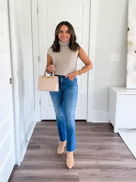 turtleneck / jeans / denim / mini purse / booties / fall outfit / fall style Jeans Turtleneck Outfit, Taupe Booties Outfit Fall, Taupe Booties Outfit, Tan Booties Outfit, Booties Outfit Fall, Turtleneck Outfit, Booties Outfit, Tan Booties, Outfit Fall