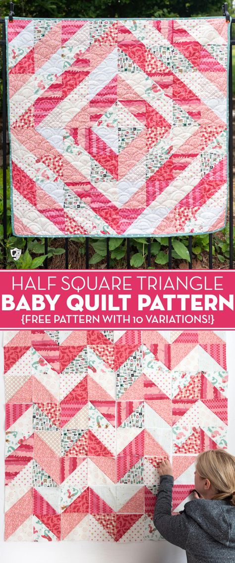 Learn how to make a simple baby quilt using half square triangles. Pattern includes 10 different half square triangle quilt layout ideas! Patterns For Half Square Triangles, Layer Cake Half Square Triangle Quilts, Hst Quilt Patterns Layout Simple, Half Square Triangle Baby Quilt, Quilt Patterns Using Half Square Triangles, Quilts Made With Half Square Triangles, Quilts Using Triangles, Four Square Quilt Pattern, Large Square Quilt Patterns Easy