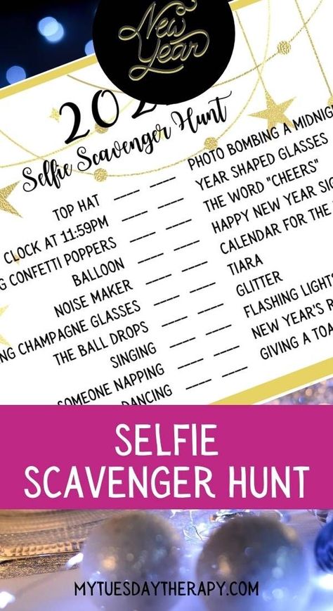 New Year's Eve selfie scavenger hunt. Fun New Year's activity for teens and adults. New Year's Eve Printable New Years Eve Selfie Scavenger Hunt, New Years Eve Scavenger Hunt, Selfie Scavenger Hunt, Cheer Tops, New Year's Eve Activities, New Years Eve Food, Eve Game, Midnight Kisses, New Years Activities