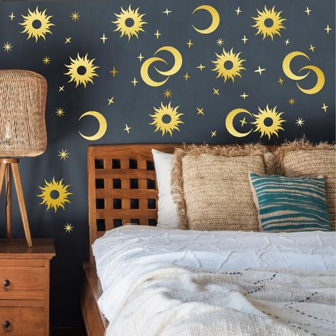 PRICES MAY VARY. 【What You Get】: Total 3 sheets, 11x11 inch/sheet, retro moon star sun wall stickers metallic stars and sun wall decals, unique and vibrant pattern make your room look great, the finished size and pattern you can design it however you like. 【Material】: Our golden moon star wall decals are made of high quality pvc material, which is safe and reliable, also easily removable without damaging your wall. 【Applications】: The vintage sun stars wall decals are easy to use, just need to p Sun Themed Room, Sun And Moon Nursery, Gold Wall Stickers, Retro Moon, Wall Applications, Star Wall Decals, Golden Moon, Moon Nursery, Mystic Moon