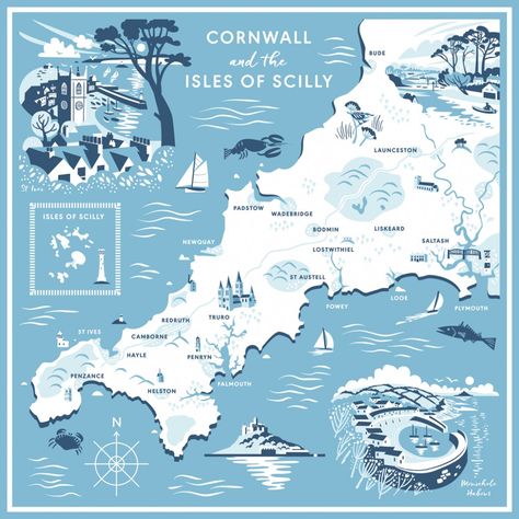 Illustrated map of Cornwall scarf by Matt Johnson for Seasalt https://www.seasaltcornwall.co.uk/accessories/scarves-shawls Map Of Cornwall, Maps Illustration Design, Cornwall Map, Montana Vacation, Illustrated Maps, Scotland Landscape, Fantasy World Map, Infographic Map, Map Illustration