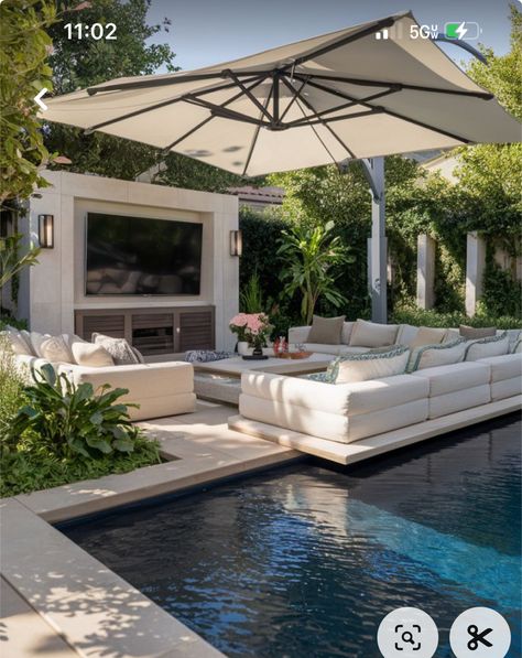 Dream Patio Outdoor Living Spaces With Pool, Outside Entertainment Areas With Pool, Pool Tv Outdoor, Backyard Tv Wall, Tv Outside Patio, Backyard Patio With Pool, Pergola And Pool, Backyard Patio Designs With Pool, Patio With Pool