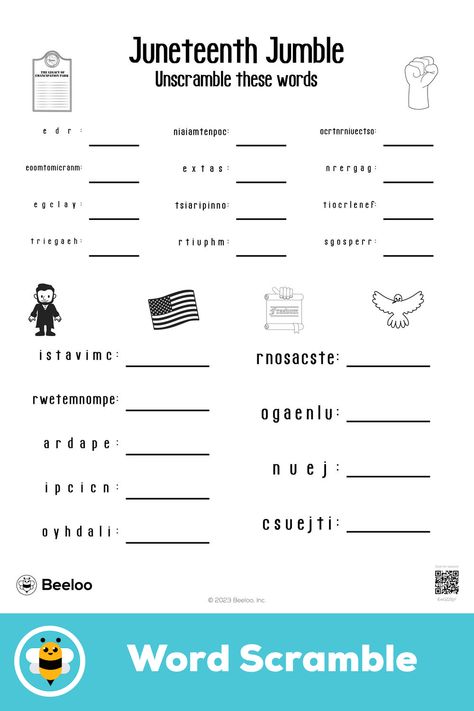 Advanced juneteenth-themed word scramble for kids ages 9 and up Word Scramble For Kids, Crafts And Activities For Kids, Word Scramble, Printable Crafts, Printable Activities, Screen Time, Coloring Page, Activities For Kids, Crafts For Kids