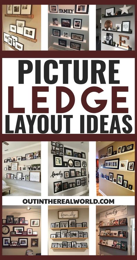 Ledge Shelf Styling, Wall Picture Design Ideas, Grandbaby Picture Wall, Staggered Picture Shelves, Shelves For Frames, Displaying Sports Pictures, Picture Shelving Ideas, Wall Shelf With Photos, Sports Photo Display Ideas