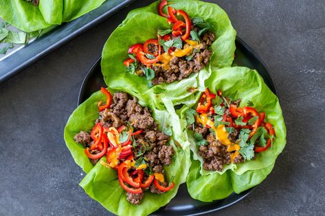 Mango Cucumber Salad, Lasagna Stuffed Peppers, Gem Lettuce, Asian Seasoning, Low Carb Rice, Lettuce Wraps Recipe, Beef Lettuce Wraps, Lettuce Wrap Recipes, Seasoned Ground Beef