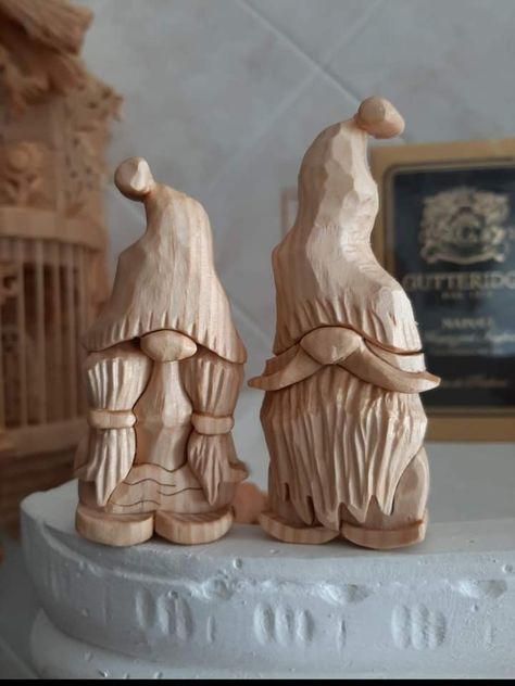 Wood Carved Gnomes, Carved Gnomes, Whimsical Carvings, Wood Carving Art Sculpture, Wood Sculpture Art, Wood Spoon Carving, Wood Carving Faces, Hand Carved Walking Sticks, Santa Carving