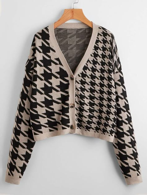 Free Returns ✓ Free Shipping On Orders $49+ ✓. Houndstooth Button Front Cardigan- Women Cardigans at SHEIN. Fashion Project Ideas, New Orleans Christmas, Knits Sweaters, Cardigan Beige, Black Houndstooth, Button Front Cardigan, Style Inspiration Fall, Beige Cardigan, Cardigan Long