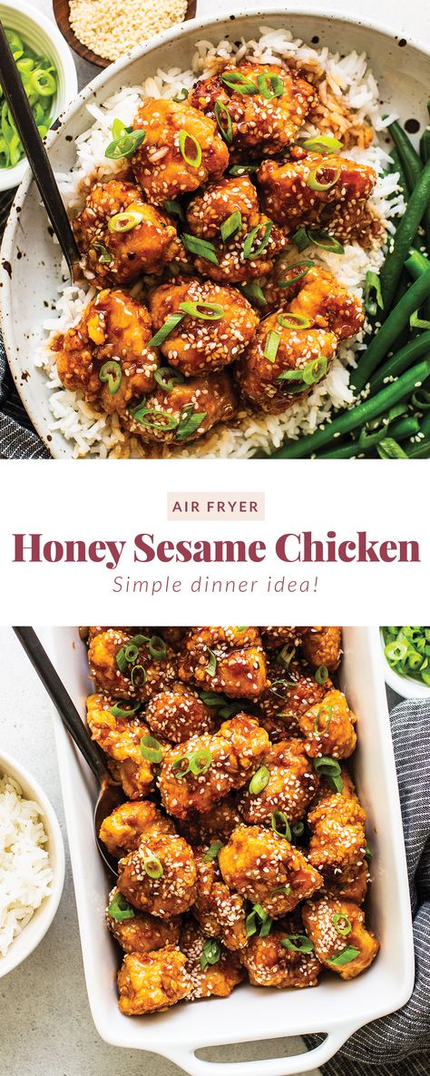 This saucy, delicious air fryer honey sesame chicken is ready in 30 minute and tastes deep-fried, but it's actually made in the air fryer! Air Fried Honey Chicken, Chicken Air Fried Recipes, Airfryer Honey Chicken, Chicken And Rice Recipes Air Fryer, Dinner Recipe Air Fryer, Air Fried Sesame Chicken, Air Fryer Asian Chicken Bites, Honey Garlic Chicken Air Fryer Recipes, Honey Sesame Chicken Healthy