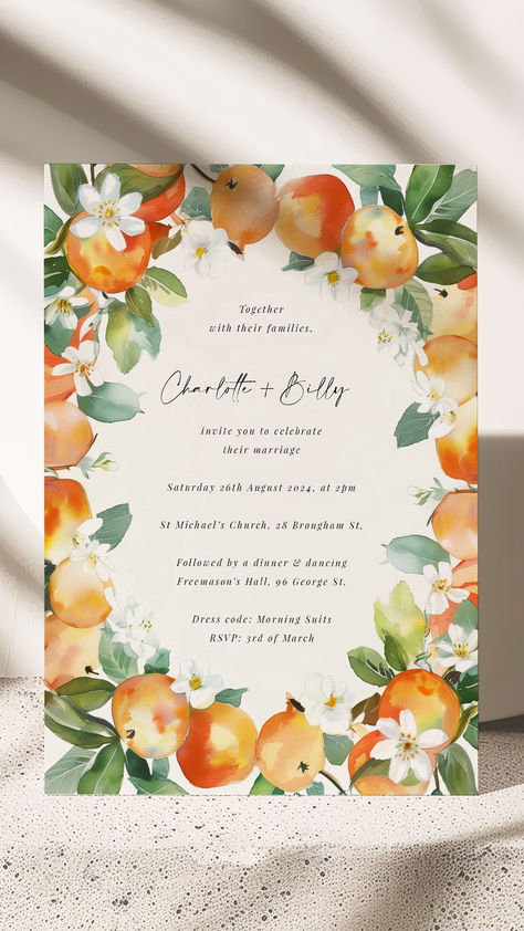 A wedding invitation with a vibrant orange and white blossom border, ideal for summer or garden-themed weddings. This fruit-inspired design adds a unique, fresh look to wedding stationery. Available for personalisation at UtterlyPrintable.com. Wedding Invitations Orange, Orange Blossom Wedding, Cream Wedding Invitations, Square Wedding Invitations, Orange Wedding Invitations, Minted Wedding Invitations, Fruit Wedding, Unique Fruit, Wreath Wedding Invitations