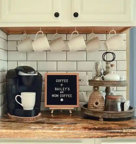 45 Awesome Home Coffee Stations Ideas Kaffe Station, Keurig Coffee Station, Diy Coffee Station, Kitchen Cabinet Organization Ideas, Coffee Diy, Coffee Bar Ideas, Diy Coffee Bar, Coffee Bar Design, Design Café