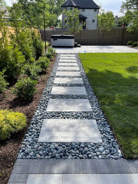 Landscaping - Design, Build & Maintain | Ross & Jack’s, Elmhurst, IL Garden Mound Ideas, White Pavers Black Pebbles, Mulch And Stone Walkway, Landscape Design Walkways, Stone And Rock Pathway, Acre Yard Landscaping, Backyard Landscaping Edging Ideas, Small Pathways Ideas Walkways, Poured Concrete Walkways To Front Door