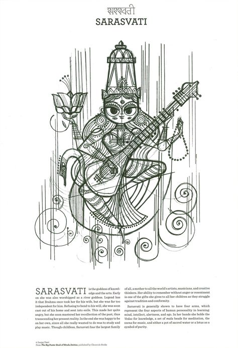 Sarasvati by Sanjay Patel Saraswati Goddess Tattoo, Saraswati Tattoo, Hindu Drawing, Dance Drawings, Bengali Art, Indian Illustration, Indian Art Gallery, Hinduism Art, Vedic Art