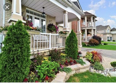 Raised porch landscaping Landscaping In Front Of Porch, Raised Landscaping, Raised Front Porch, Raised Landscaping Beds, Raised Porch, Porch Landscaping Ideas, Front Porch Landscaping Ideas, Front Porch Landscaping, Front Porch Landscape