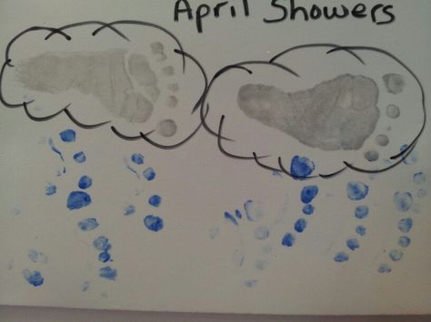 Footprint clouds/toe print rain drops Rain Crafts For Infants, April Footprint Crafts, April Art For Infants, Weather Footprint Art, Weather Art For Infants, Weather Infant Art, Weather Infant Crafts, Spring Footprint Art For Infants, Weather Crafts For Infants